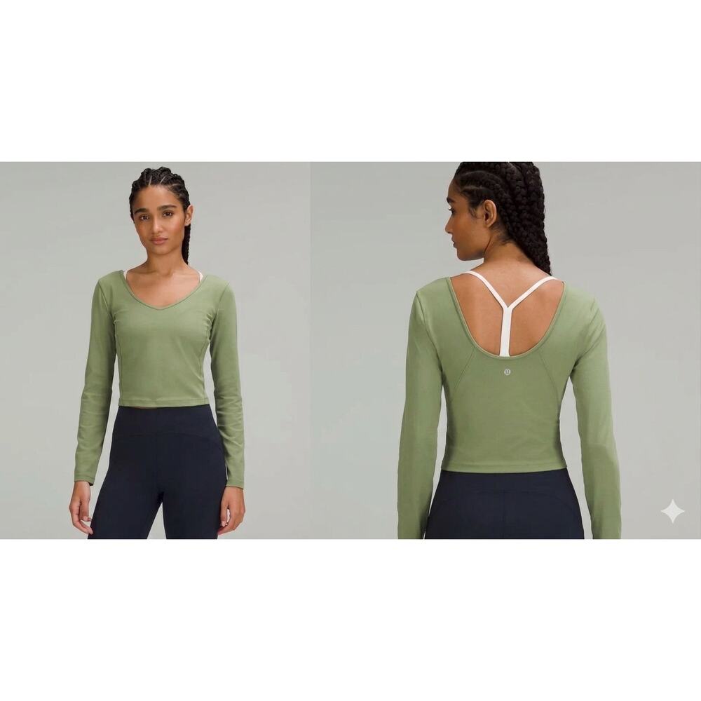 Lululemon Align Long Sleeve Shirt Green Foliage V-Neck Cropped Nulu Yoga Top 6/8